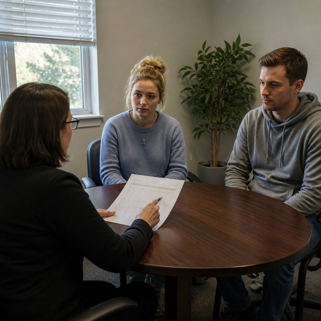 A young woman in a pale blue sweater sits at a counseling session, looking uncertain as the counselor holds a spreadsheet, with Mark beside her.