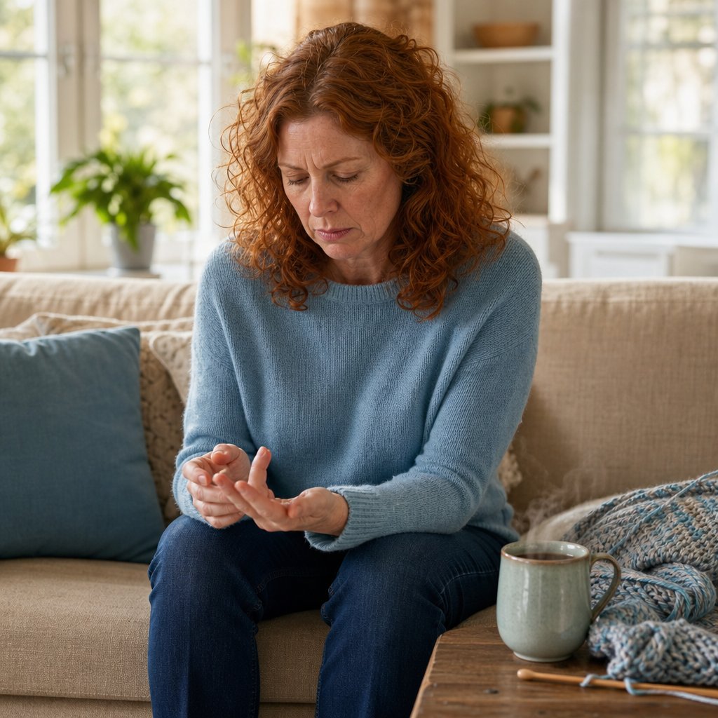 Woman sitting on a couch looking worriedly at her phone, hesitant to send a message.