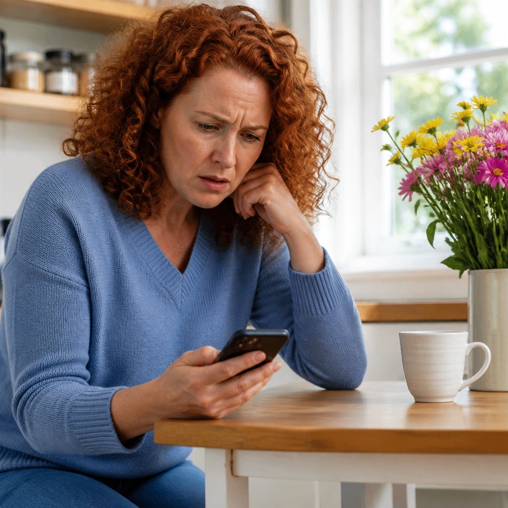 Woman sitting at kitchen table looking worriedly at her phone, wearing blue sweater and jeans.