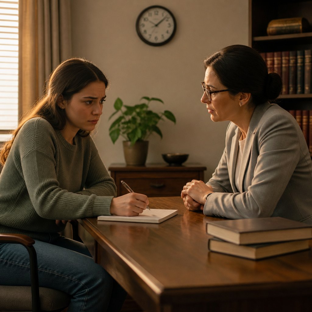 Two women in a lawyer's office discussing legal strategy, the younger woman taking notes anxiously.
