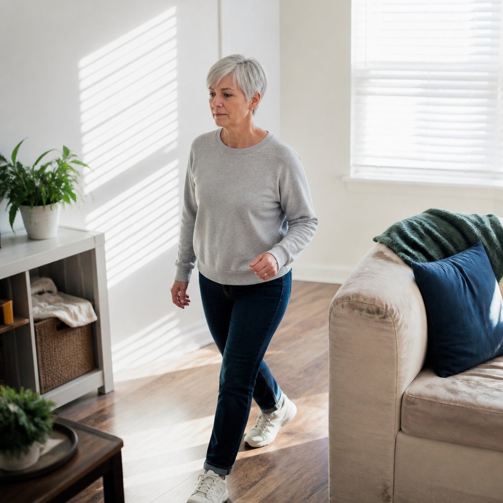 Middle-aged woman pacing indoors, appearing tired and restless, wearing casual gray sweatshirt and sneakers.