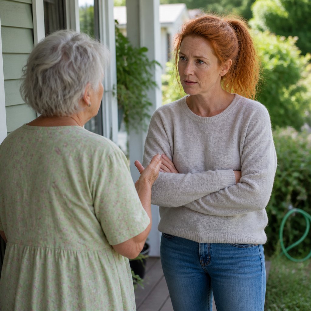 Two women talking quietly on a front porch surrounded by garden plants