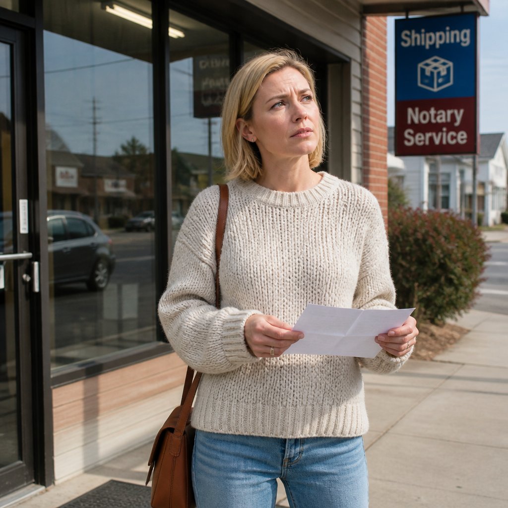 Woman outside a shipping store holding a document, looking thoughtful.