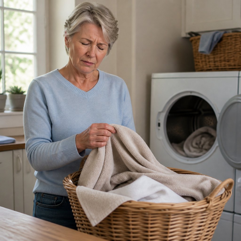 Woman folding warm towels in laundry room, looking uncomfortable with eyes slightly squinted.