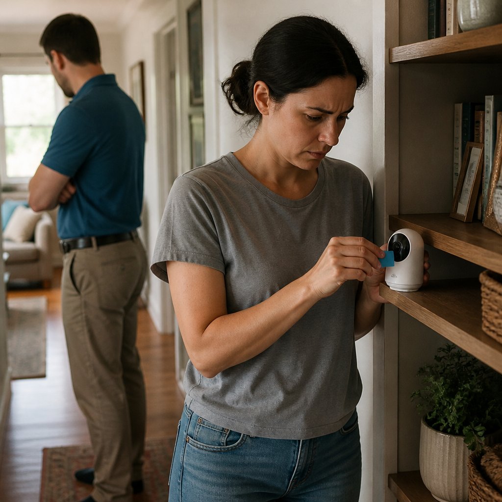 Woman taping over baby monitor microphone, man on phone looking tense in the background.