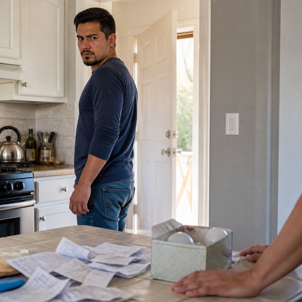 Man looking away from kitchen counter with light bulbs and receipts after a tense exchange.