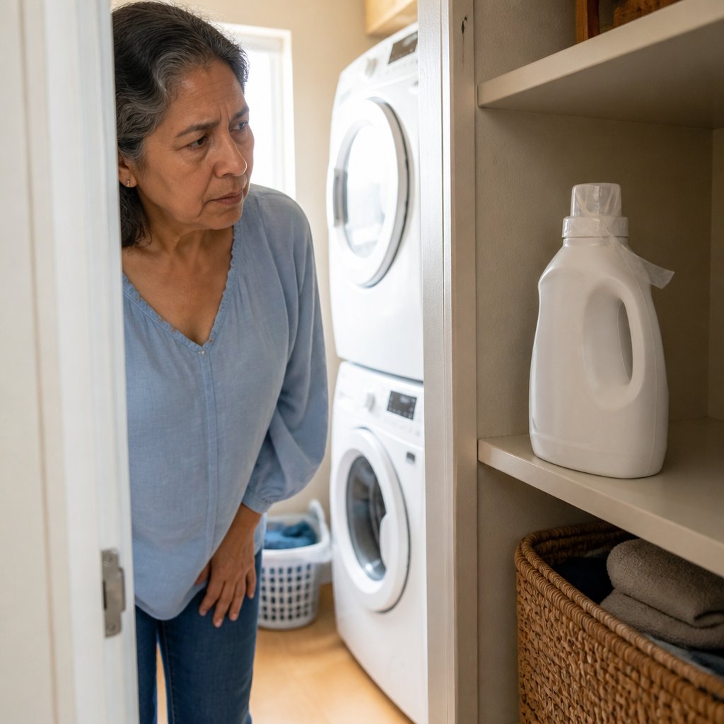 Woman cautiously observing a laundry detergent bottle with tape on the cap in a small laundry room.