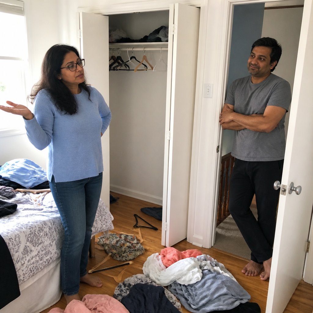 A woman looks at an emptied closet while her husband watches with a quiet smile.