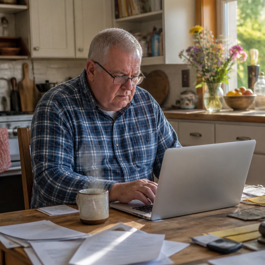 Man at kitchen table looking tense while typing on laptop