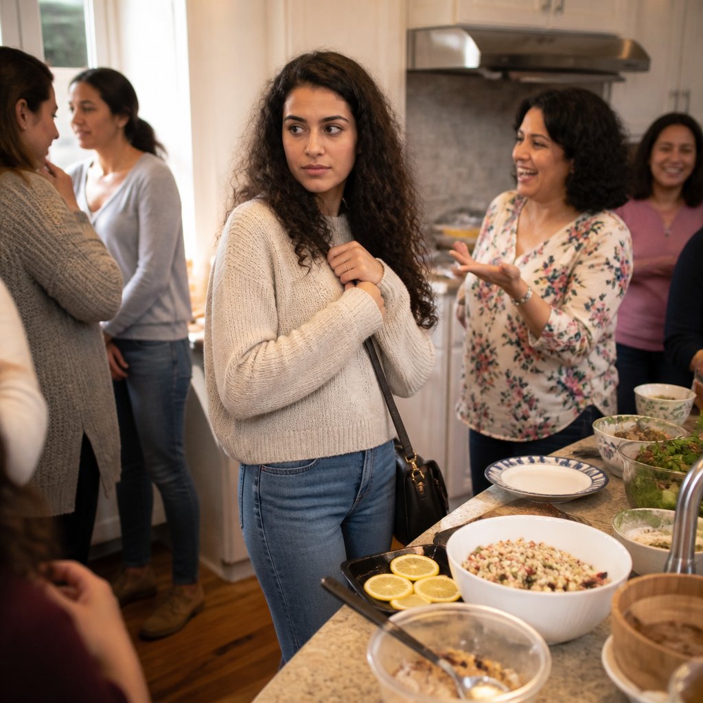 Kara at a crowded potluck kitchen, looking uneasy as others laugh and talk around her.