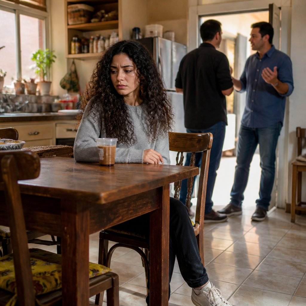 Worried woman sitting at kitchen table while man talks nearby in casual home setting.
