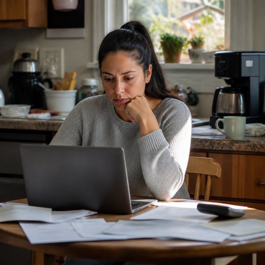 Woman sitting at kitchen table looking worried at a laptop screen.