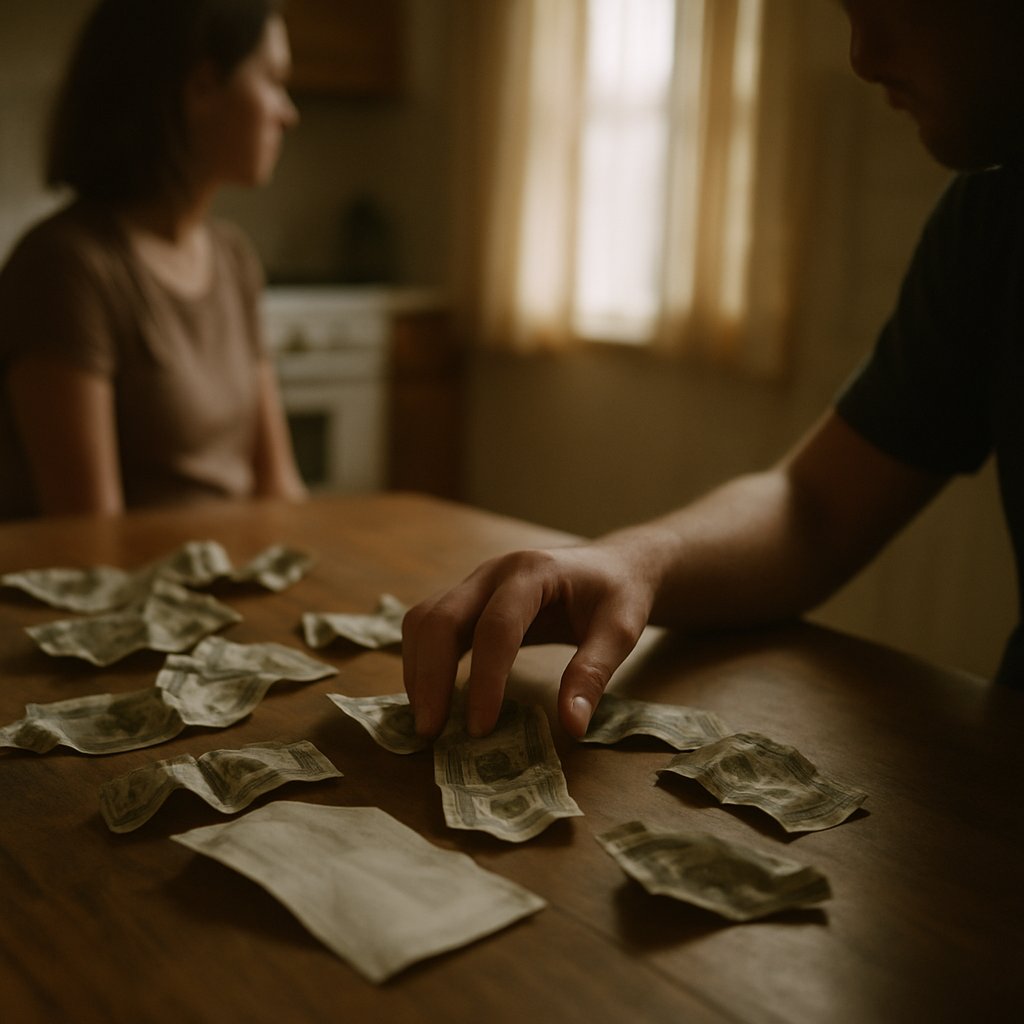 Kitchen table with cash bills and a crumpled receipt under soft daylight, a hand reaching tentatively.