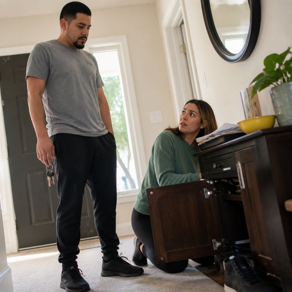 Mara kneels by the open router cabinet as Evan stands with his keys, watching her calmly.