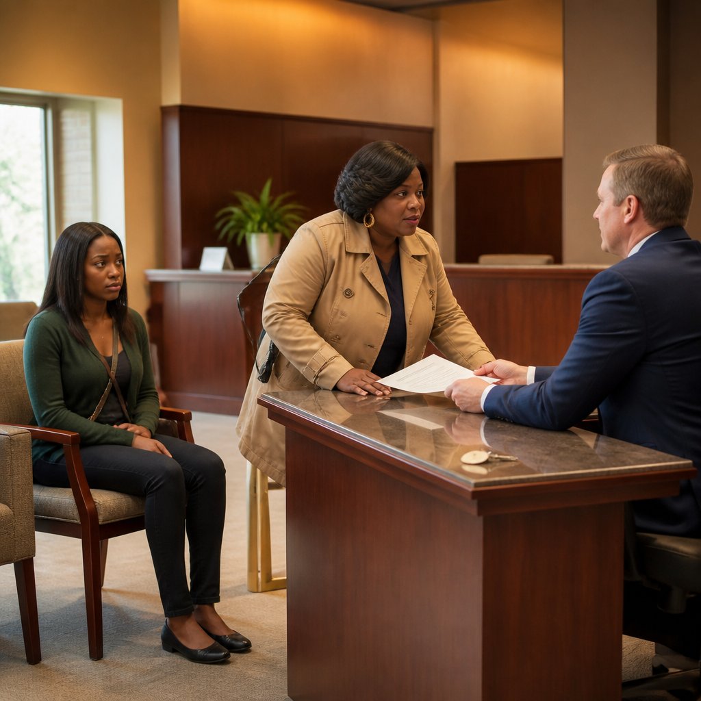 Mara sits tense in a bank lobby chair while Darlene presses a bank manager who slides a document back across his desk.