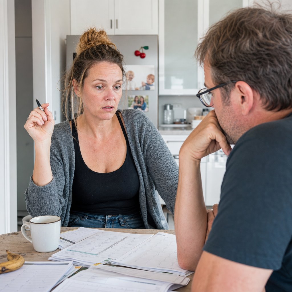 Nina sits at her kitchen table cross-checking calendars, frozen mid-note as a pattern clicks.