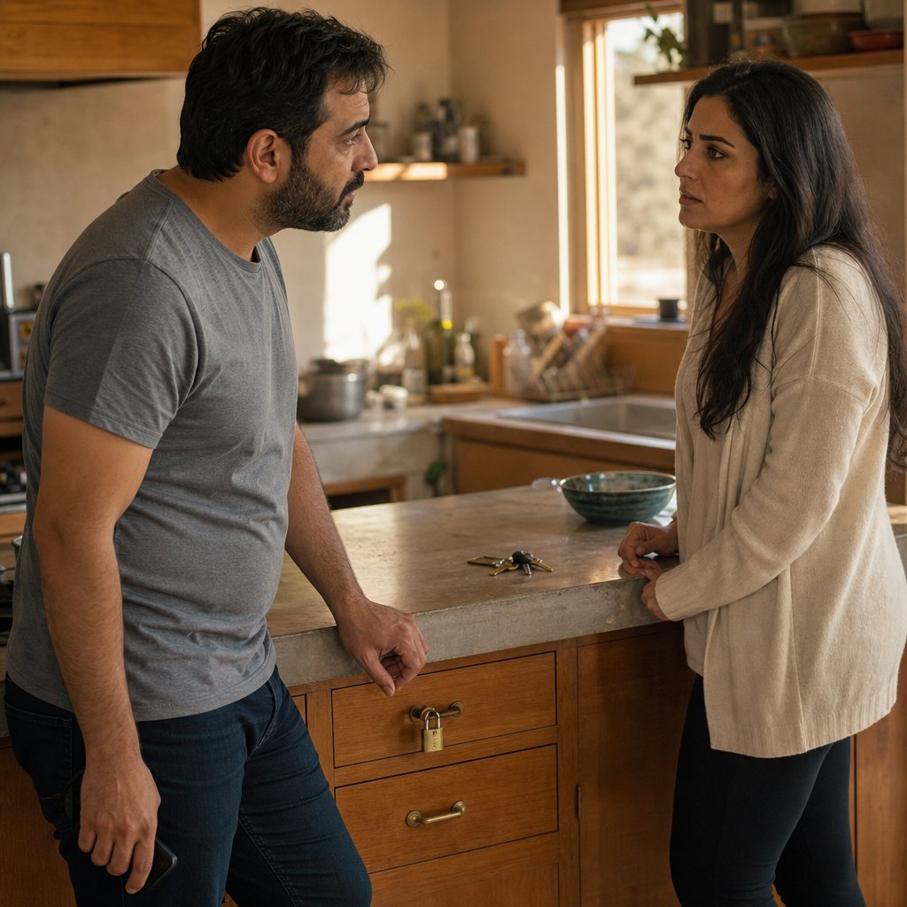 In a kitchen, a bearded man grips a locked drawer while a woman stares at him, tense, with keys on the counter.