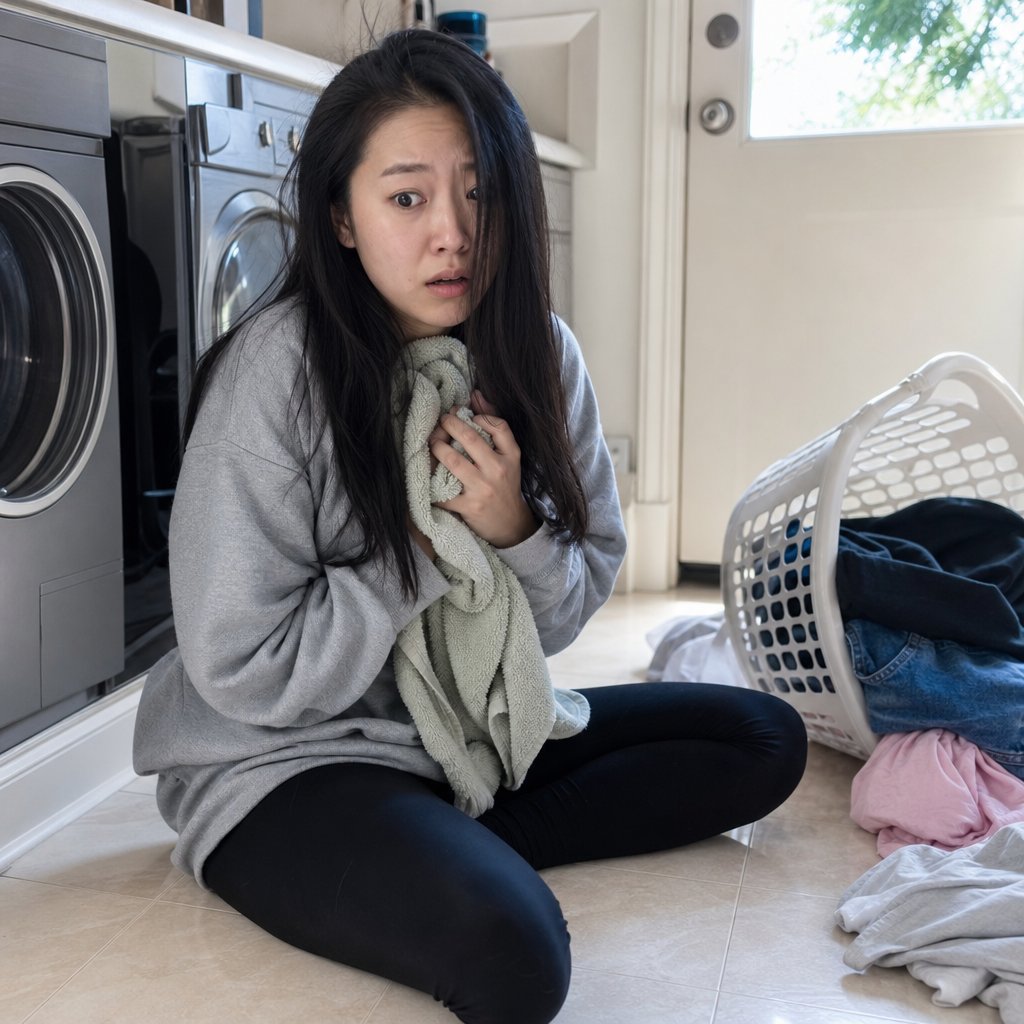 Mara sits on the laundry room floor gripping a damp towel, a phone face-down beside her.