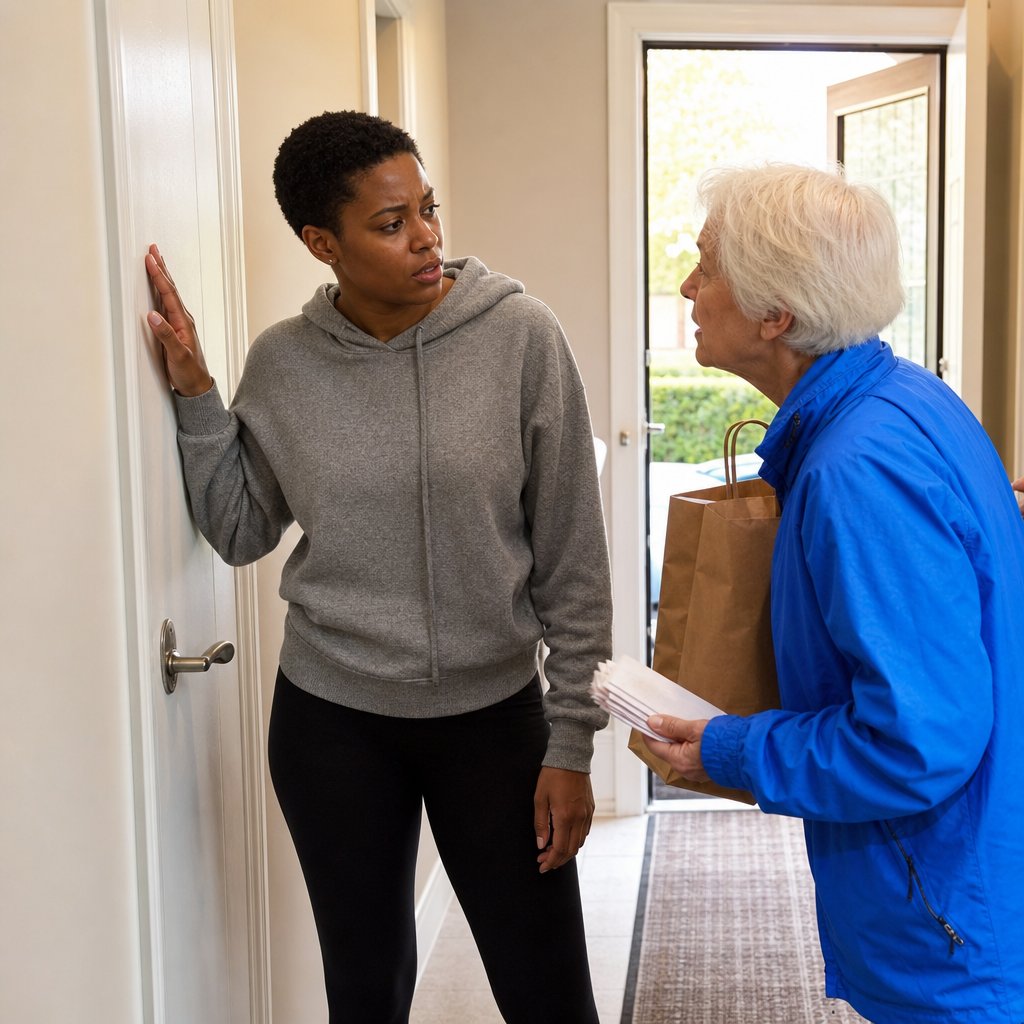 Mara freezes in the hallway as her neighbor leans in to share a secret, the office door handle behind her subtly turned.