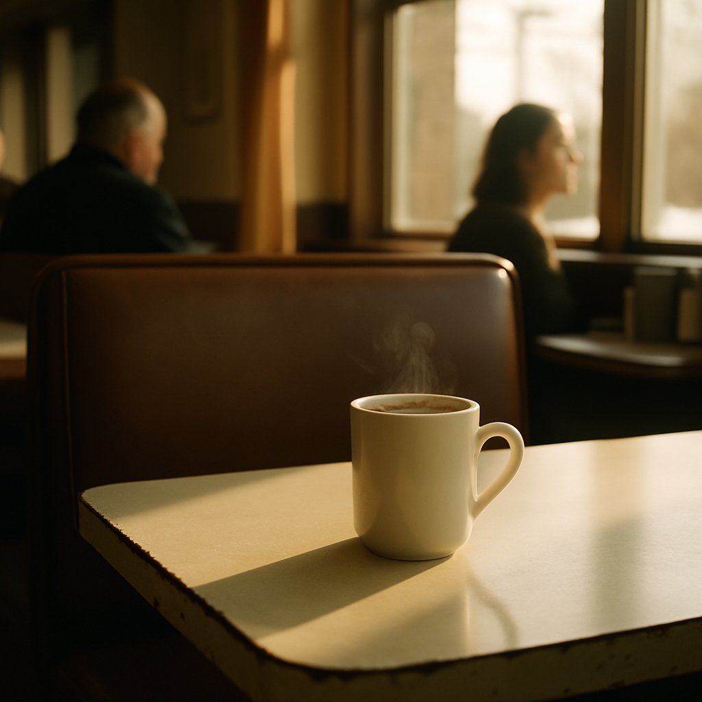 Empty diner booth with a hot chocolate cup steaming.