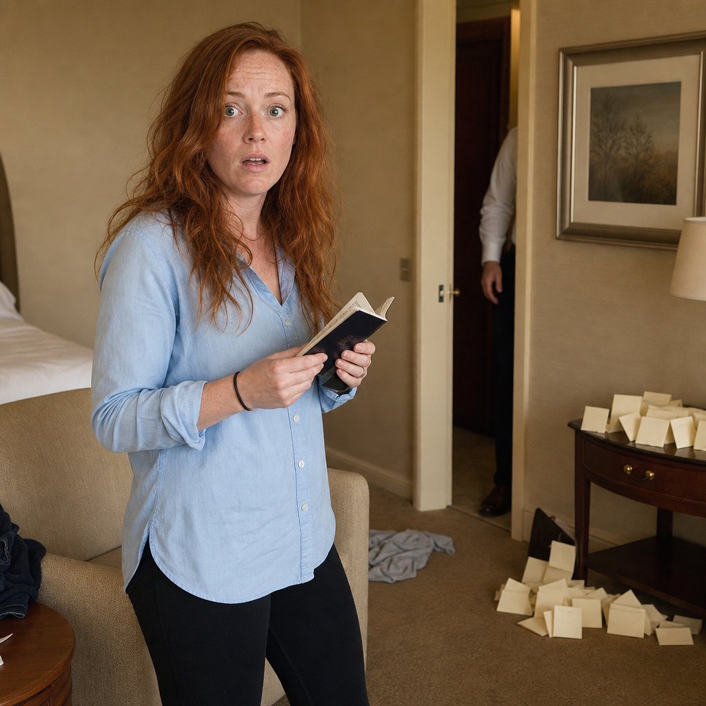 Marin, a freckled redheaded woman, holds an open passport in a hotel suite as the door begins to open behind her.