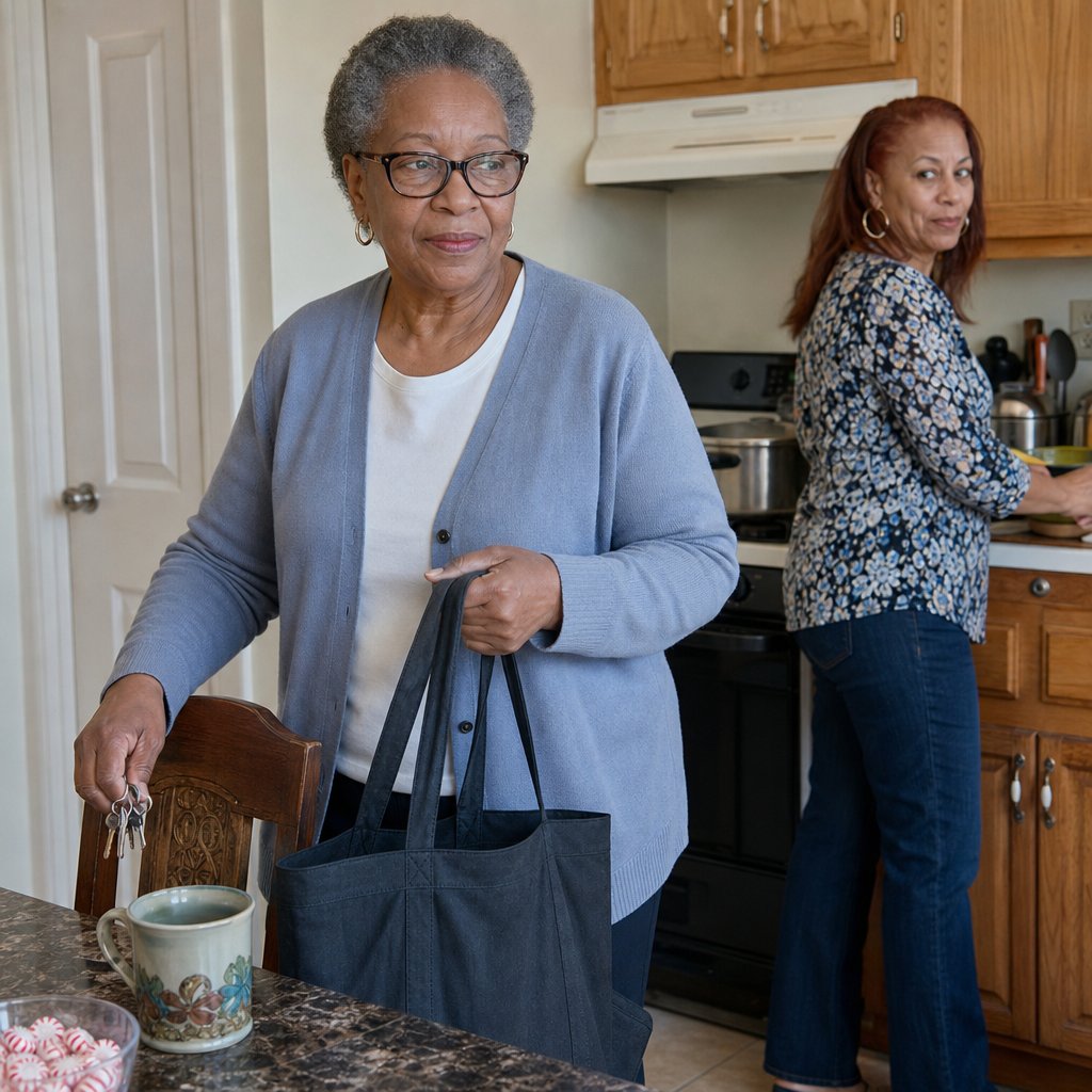 The narrator clutches a hidden key ring beside Lila’s open tote while Lila glances back from the stove.