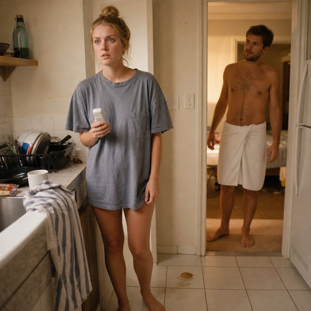 Mara grips a cordless phone in the kitchen as Graham appears in the doorway watching her.