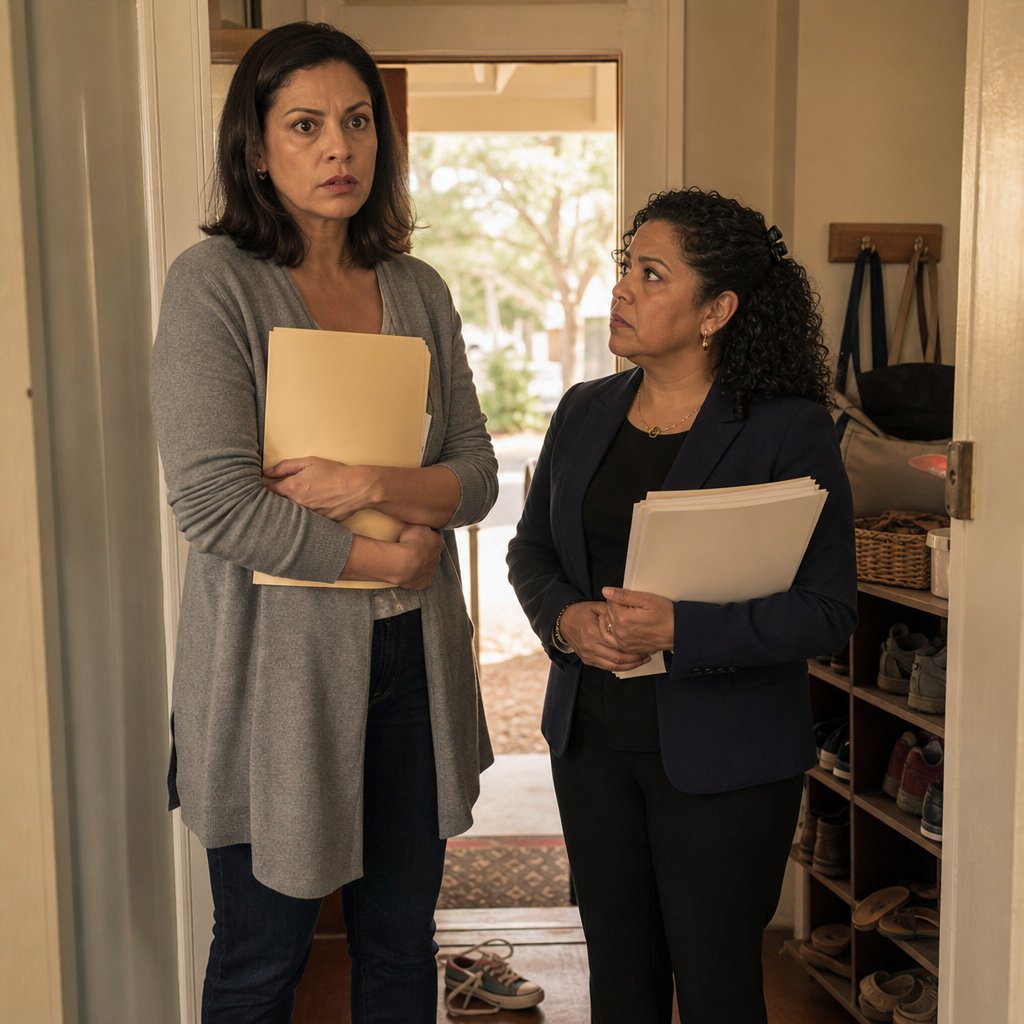 Mara clutches a folder in her doorway while her attorney stands beside her, both looking tense.