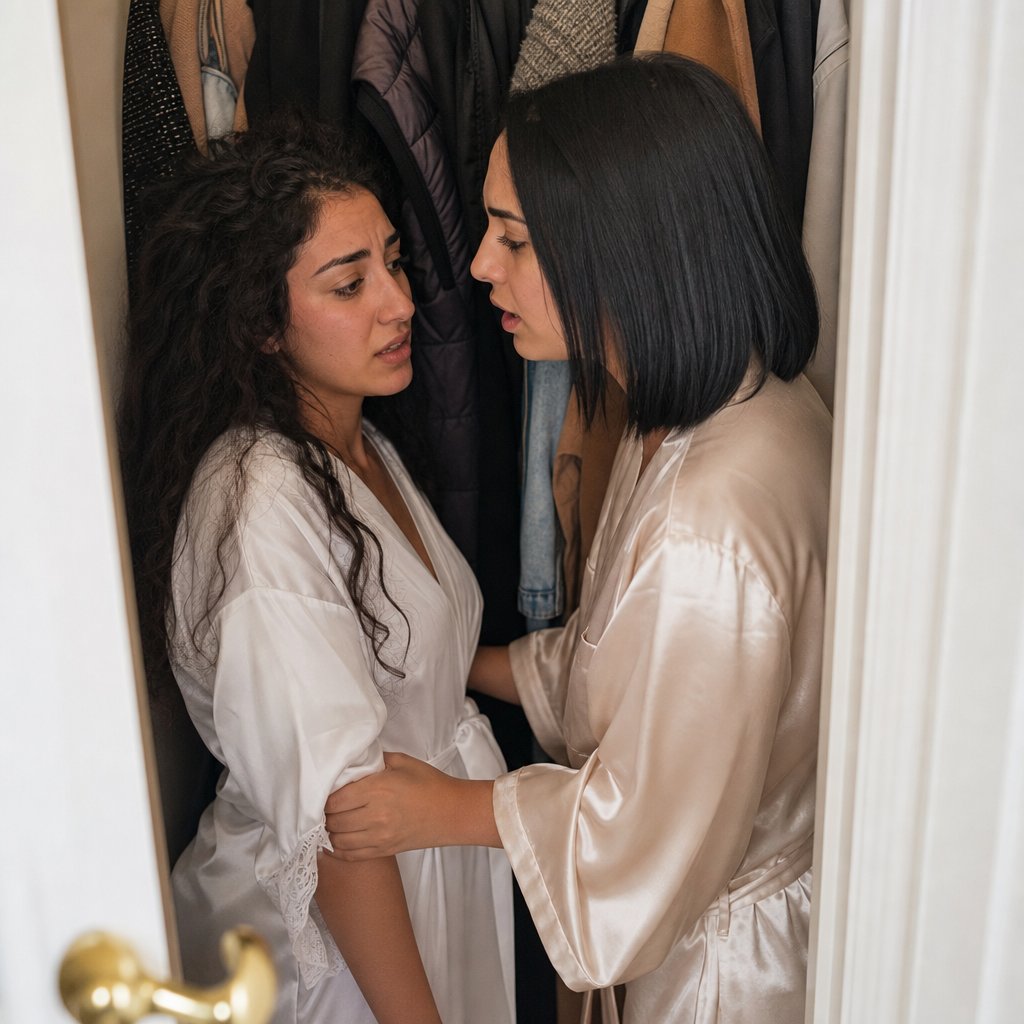 The bride and her sister argue in a coat closet as the door handle starts to turn.