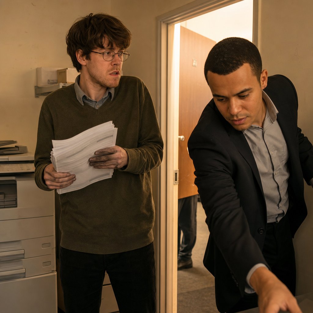 Iris freezes in the copy room as Dev grabs his phone, both looking rattled.