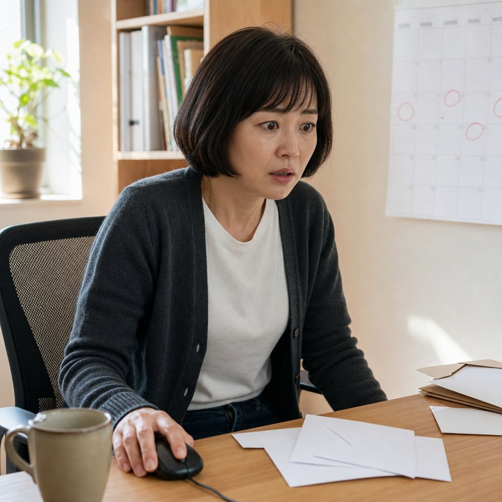Iris sits rigid at a desk, eyes wide as if she just discovered something shocking.