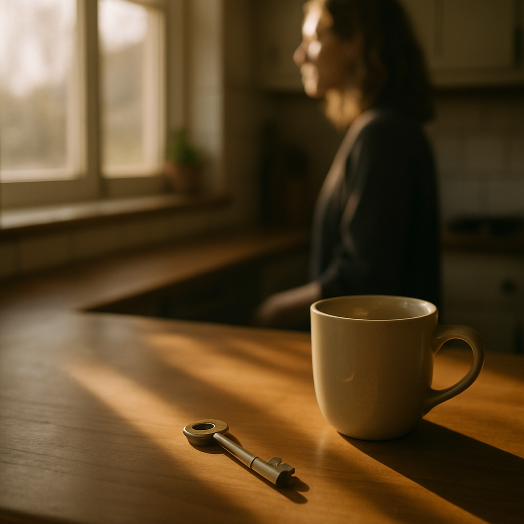 Brass key lying on a kitchen counter with sunlight and coffee mug nearby