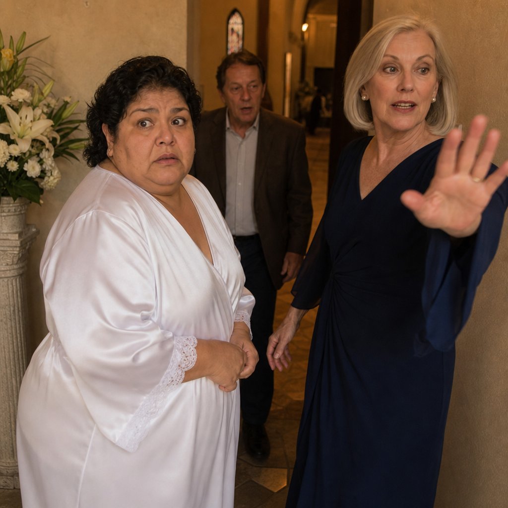 A bride in a satin robe grips a face-down phone while the groom’s mother raises a hand to stop a man in a brown jacket near the chapel entrance.