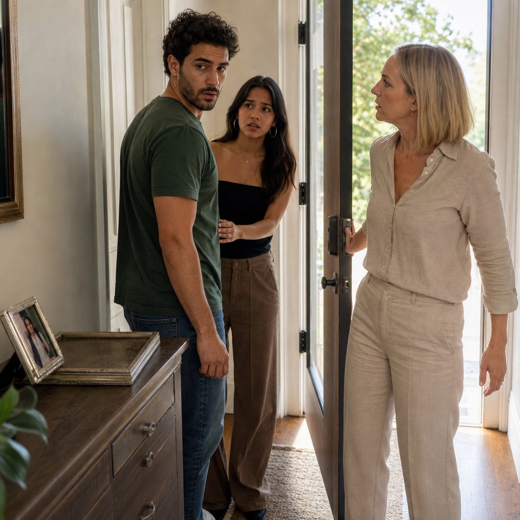 Kendra steps into the hallway as Ivy and Lina stand tense near a console table with a missing photo outline.