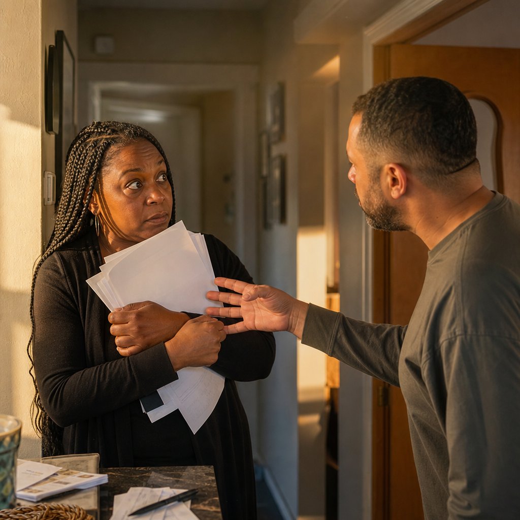 A woman with long box braids clutches printed papers as a bearded man reaches for them in a hallway.