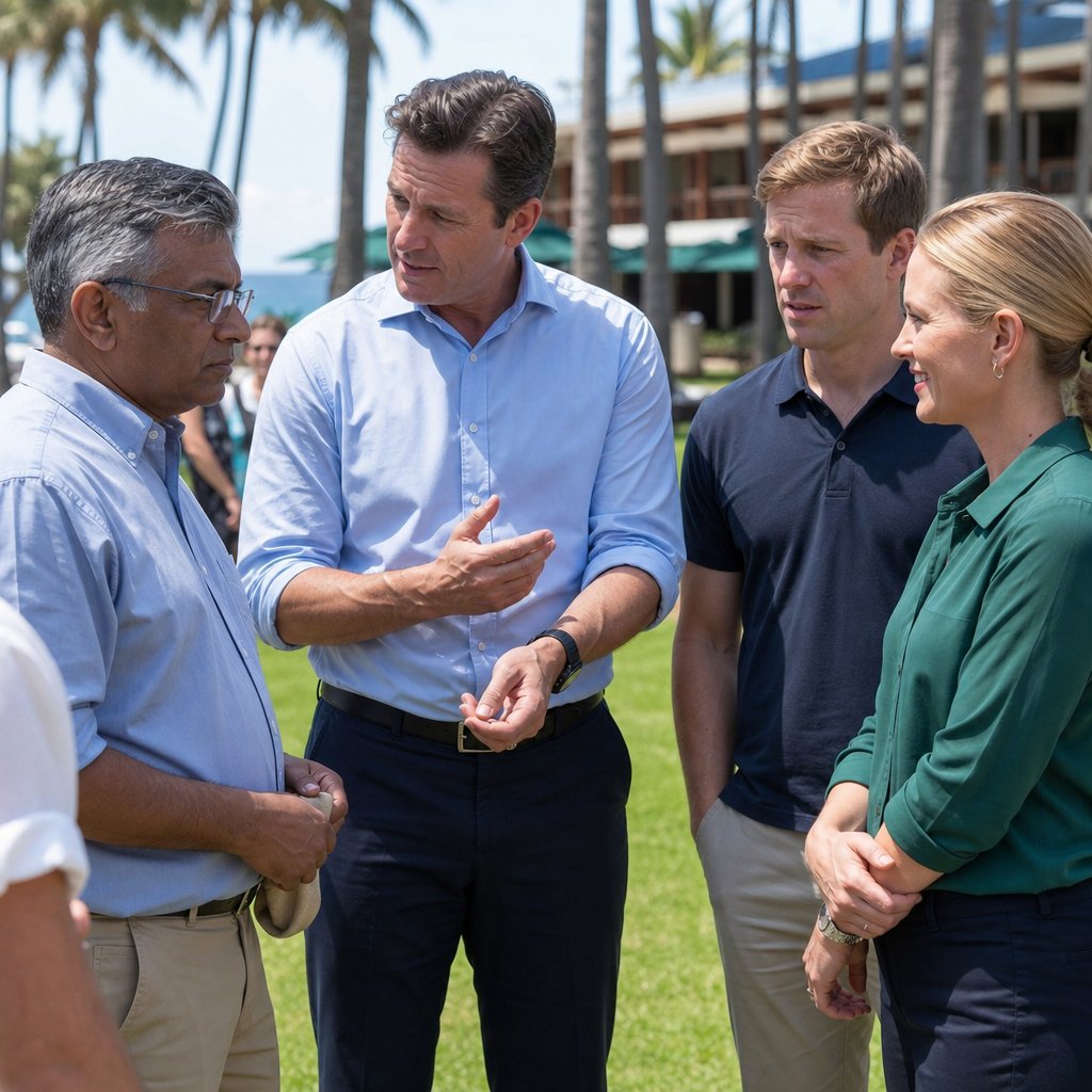 On a resort lawn, Cal addresses a team-building circle while staring at Mara; Jonah looks tense and Tessa’s smile is tight.