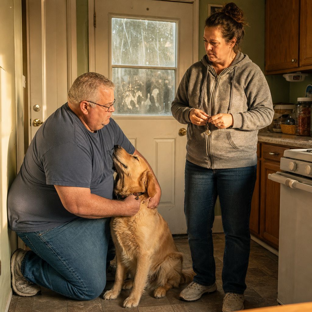 A gray-haired man with glasses kneels by a golden retriever as a woman in a hoodie holds dog tags, all tense in a kitchen.