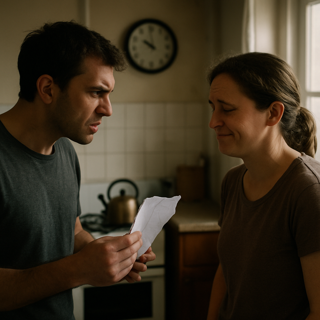 Two adult siblings in a kitchen, one holding a torn receipt, the other smiling nervously under natural light.