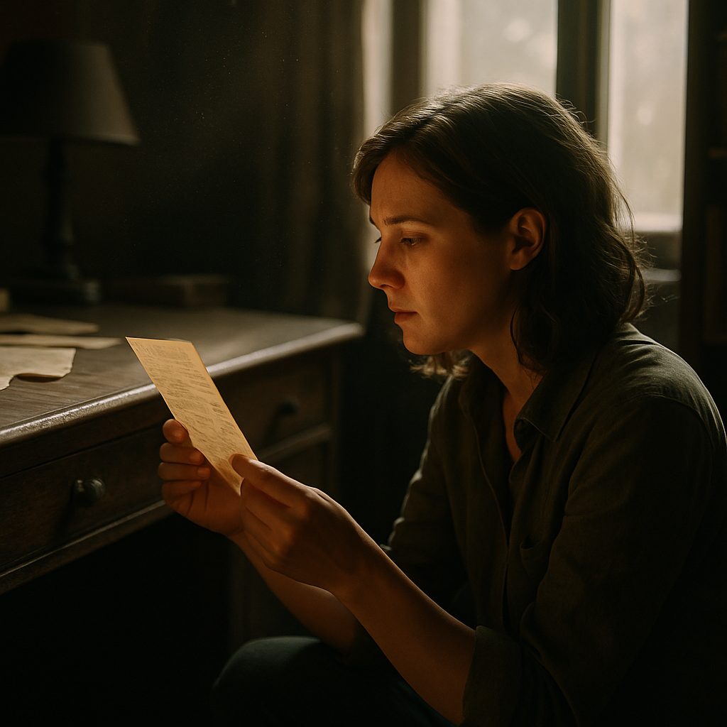 Woman kneeling by desk holding a handwritten note in a dimly lit study with natural light