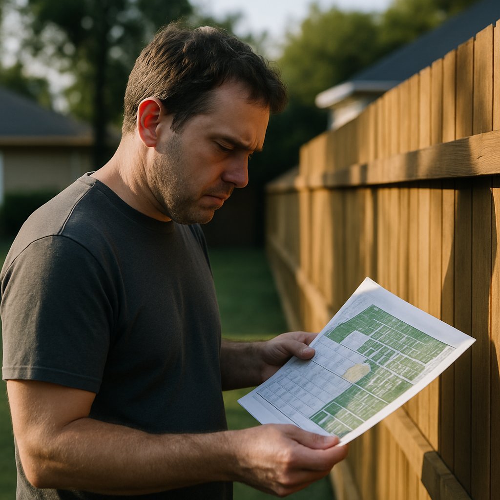 Man examining a printed map near a slightly angled privacy fence with shadows in backyard.