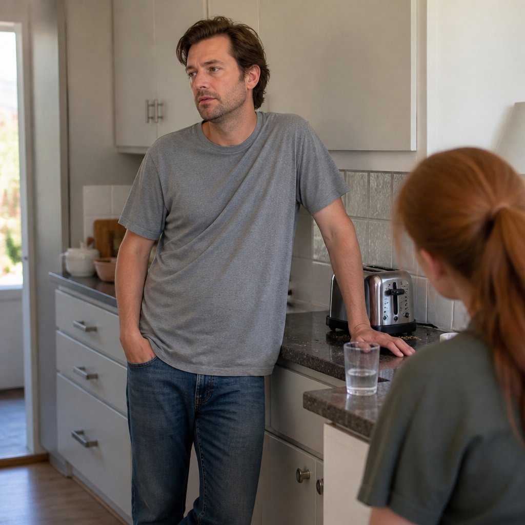 Man in gray T-shirt leaning in kitchen, looking tired and dismissive