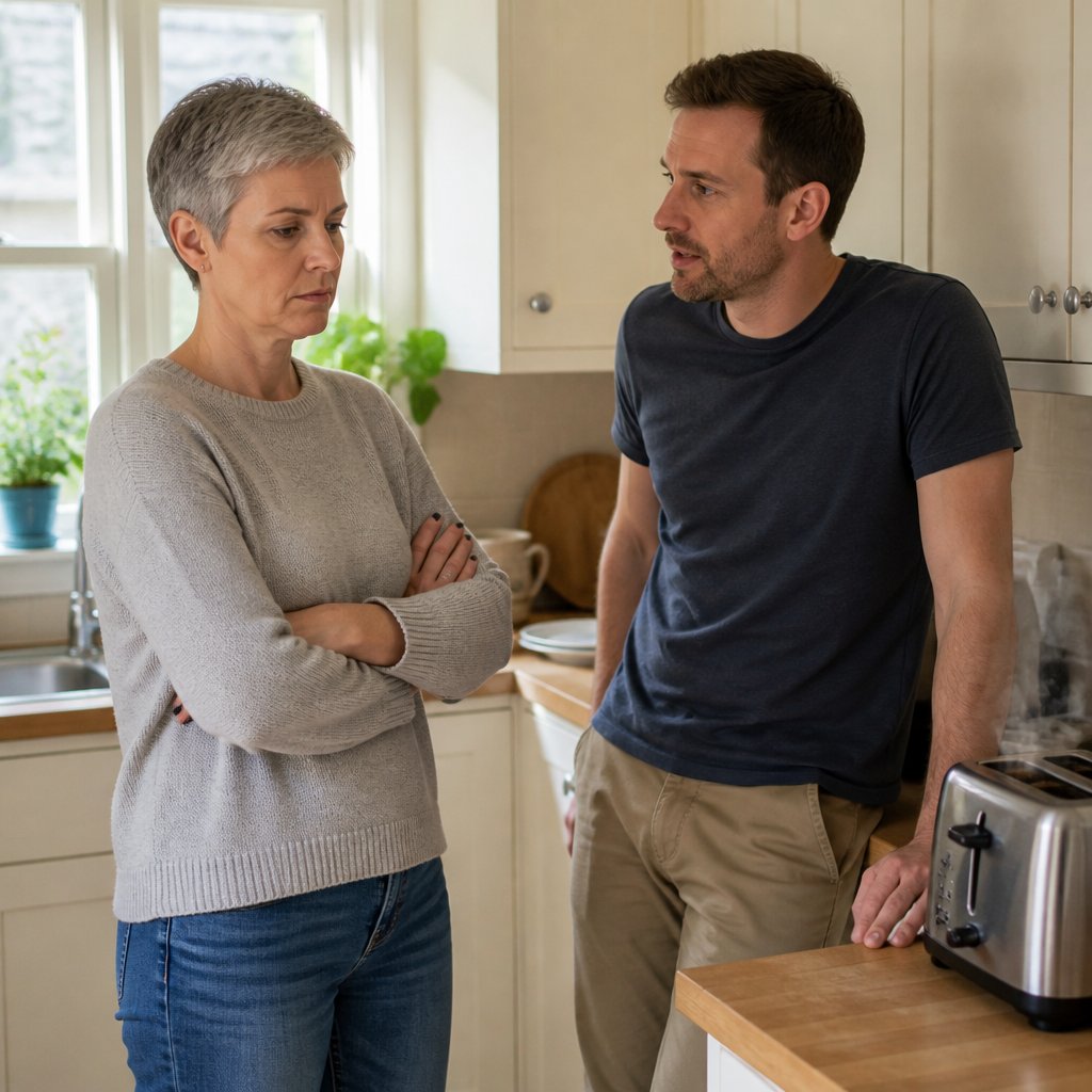 Couple in kitchen having a tense conversation near a toaster with burnt toast.