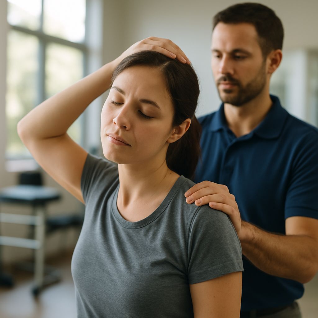 Woman doing neck stretches under supervision in a physical therapy room.