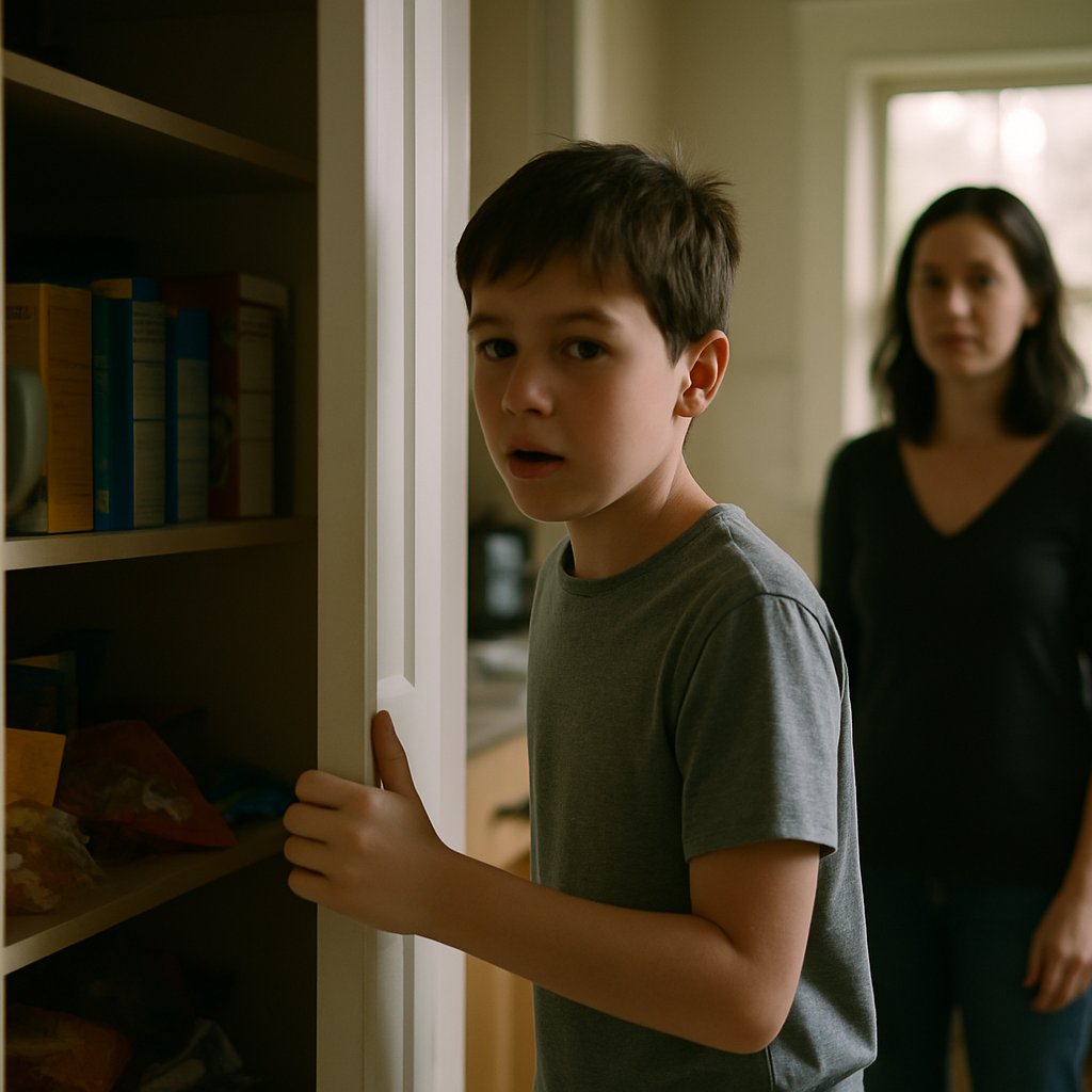 Boy opening pantry door with woman watching nearby in kitchen.