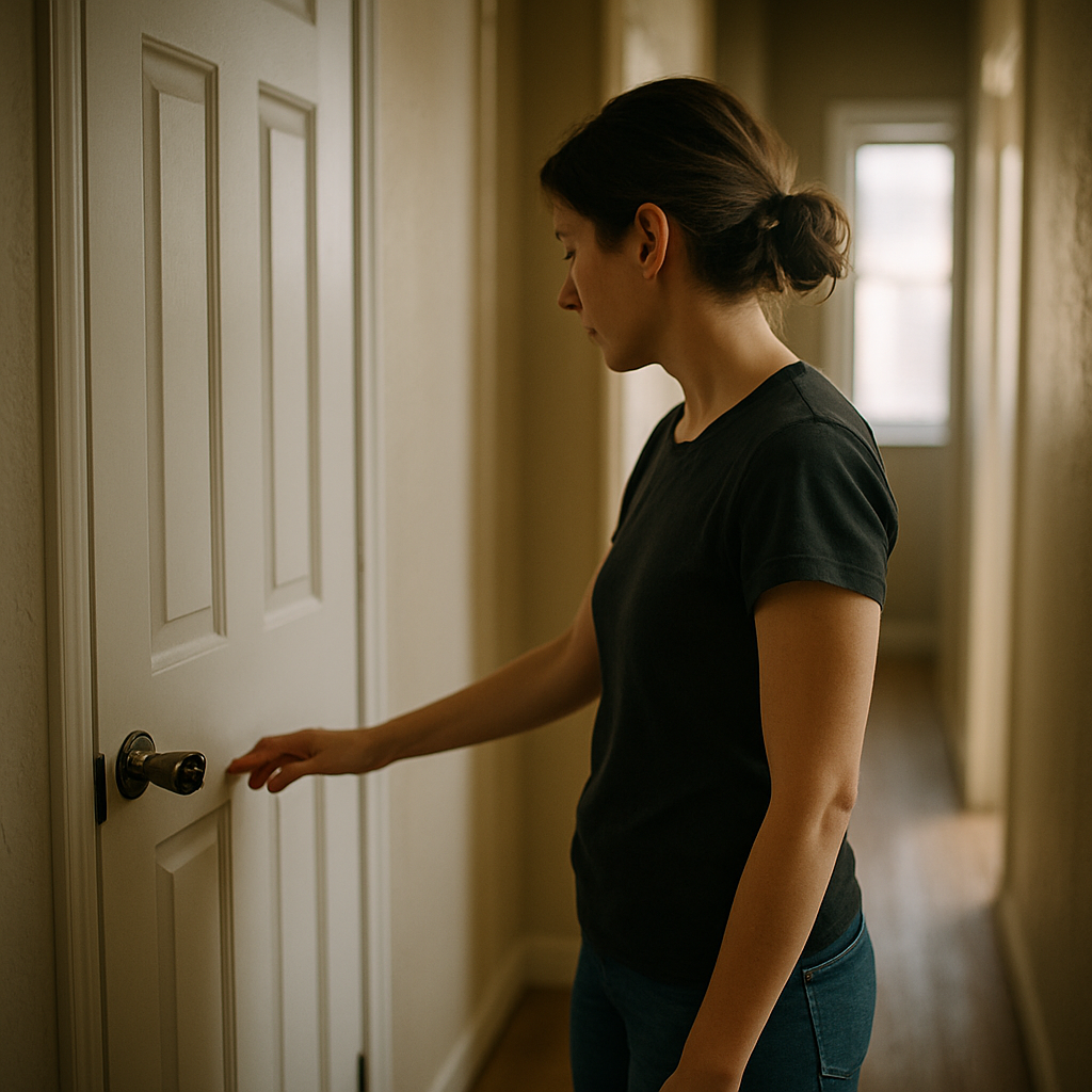 Woman facing a newly locked hall closet door in a softly lit hallway.