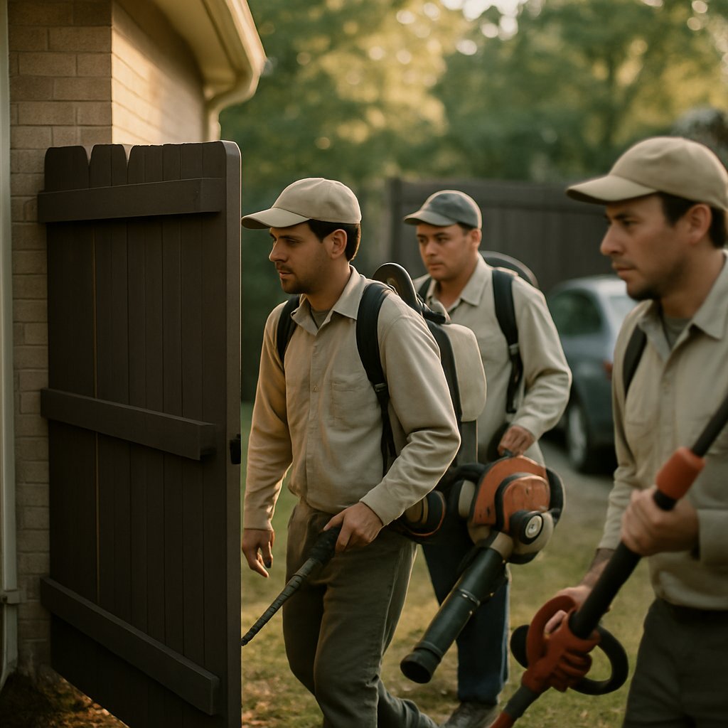 HOA landscaping crew entering a suburban backyard through a side gate.