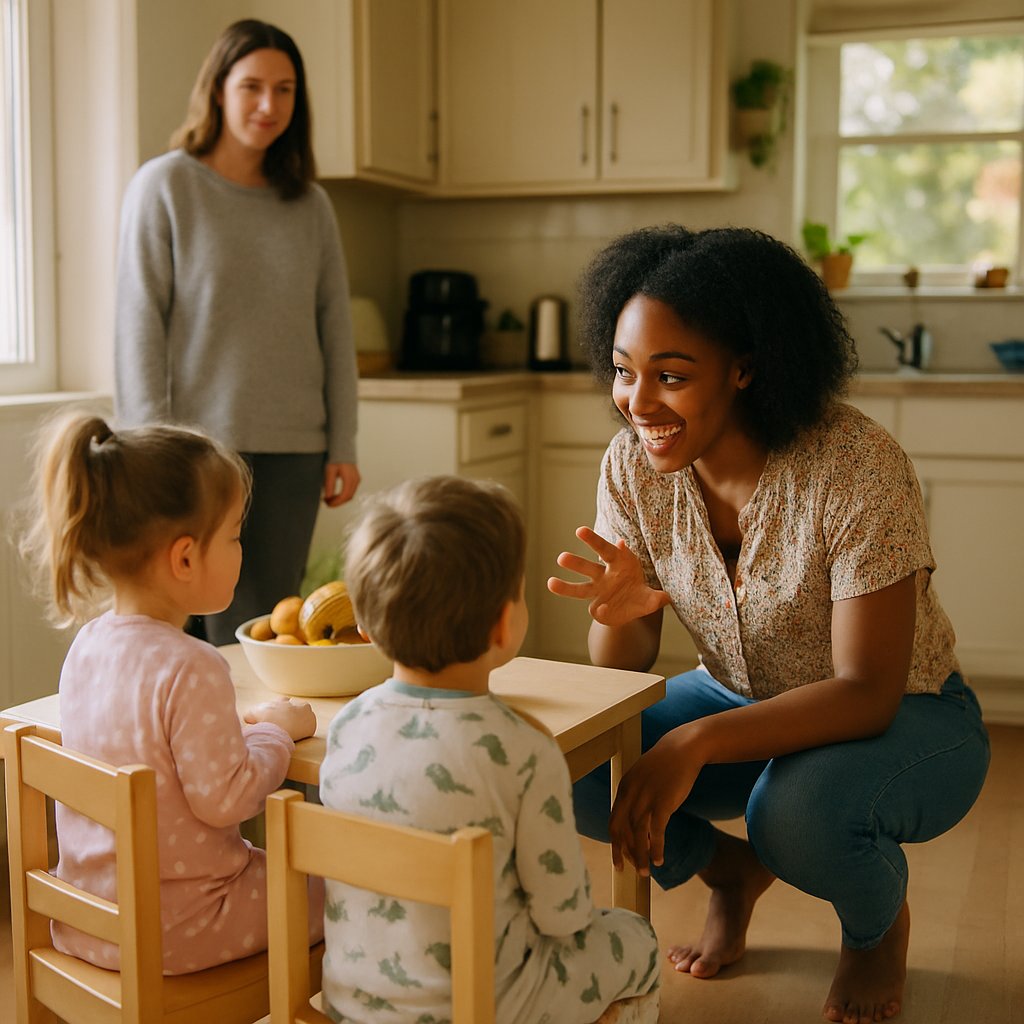 Two children at kitchen table seeking permission from Mia, while mother watches quietly nearby.