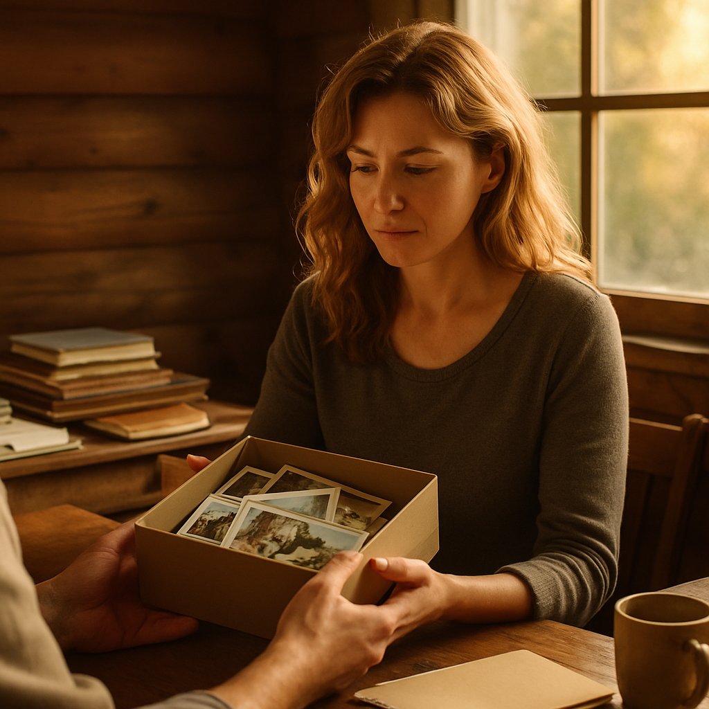 Man holding open shoebox with old photos at cabin desk.