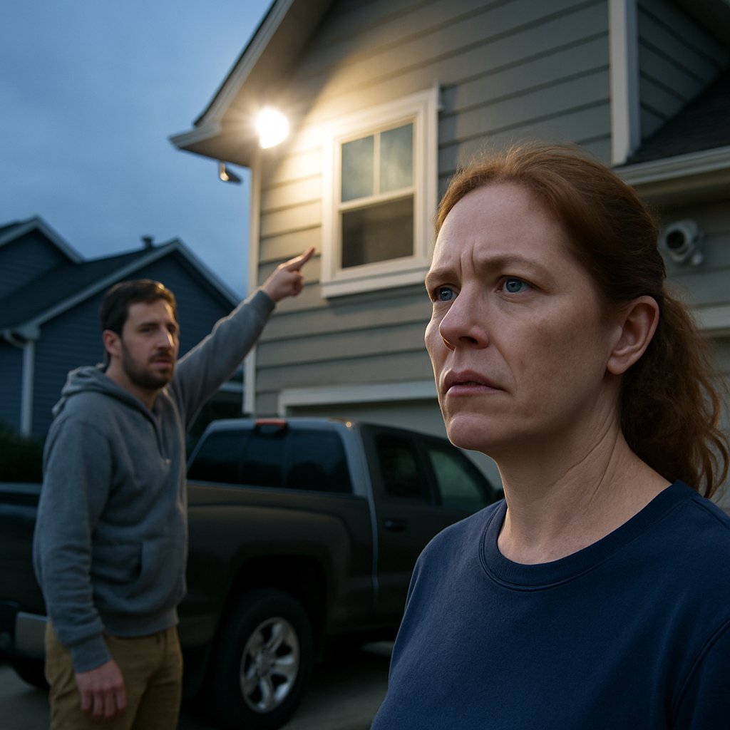 Man confronting neighbor about floodlight shining into window at night.