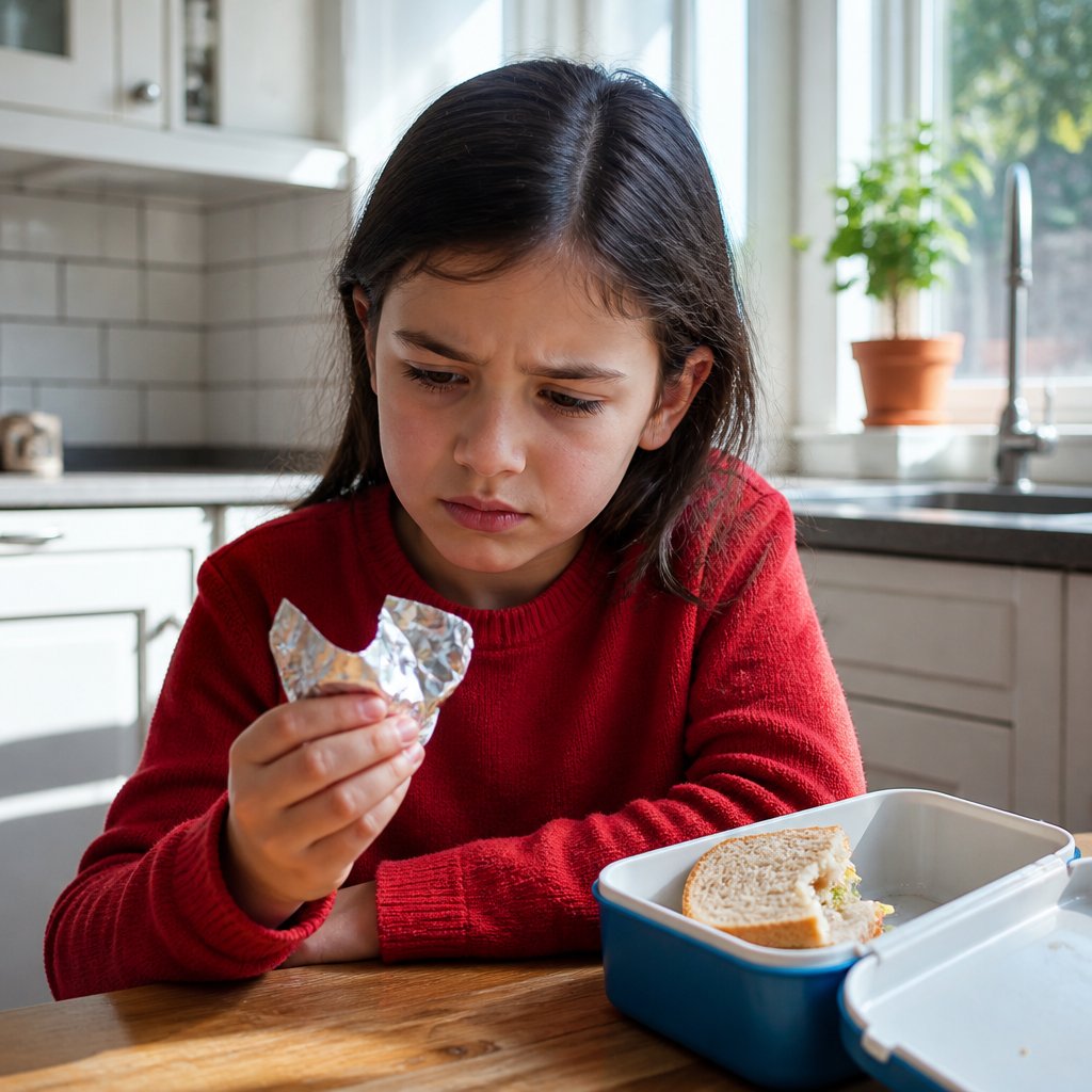 Young girl in red sweater holding crumpled chocolate wrapper, looking worried in kitchen.